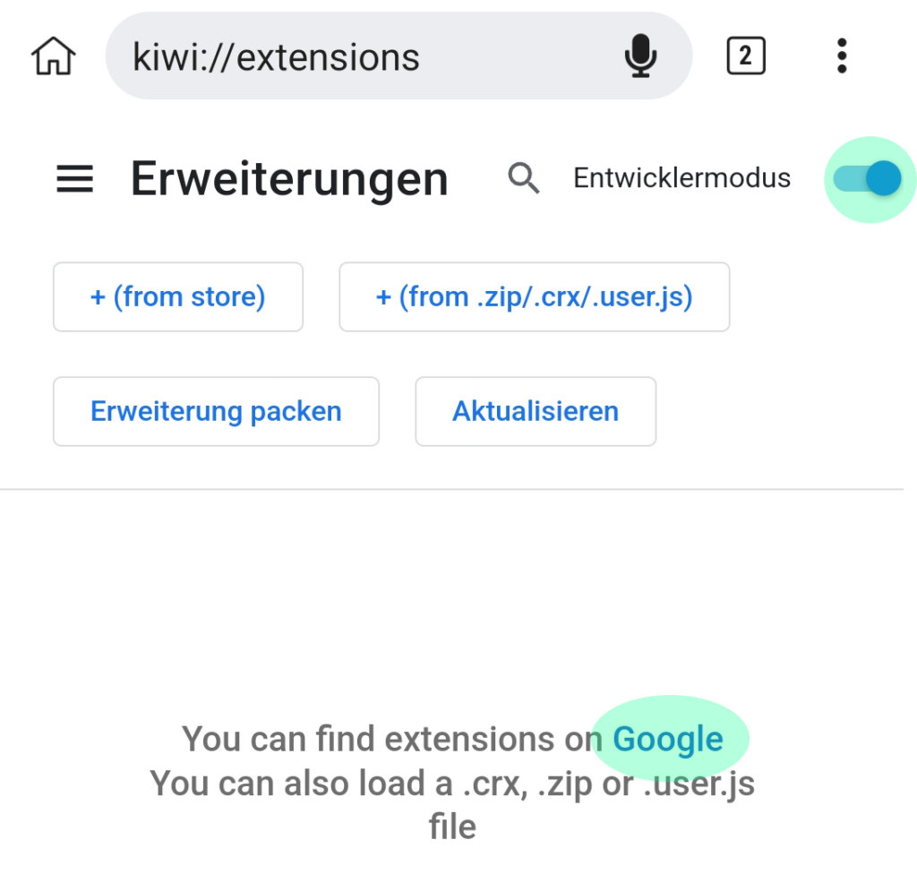 Entwicklermodus und Google Webstore